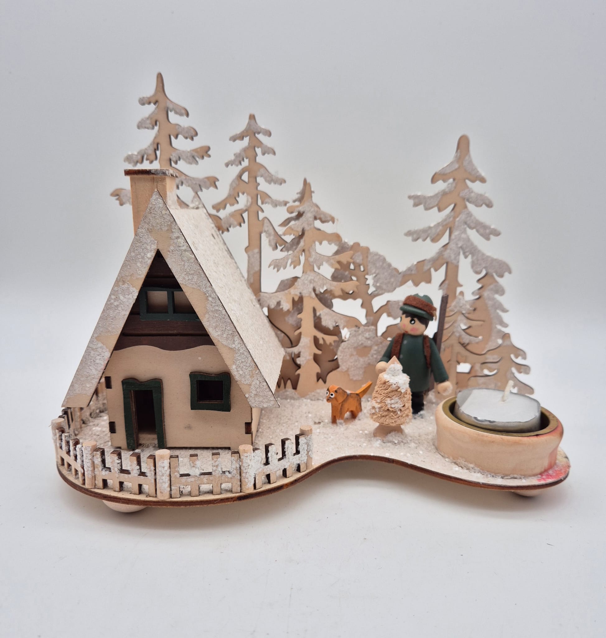 Holz-Teelichthalter  Winterlandschaft mit Räucherhäuschen – Amsel