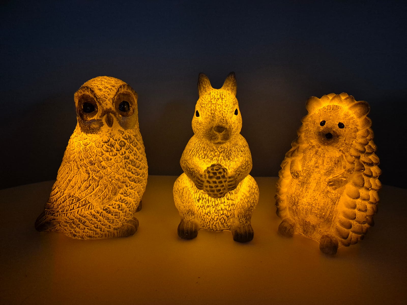 LED-Tierfiguren 3er-Set – Eule, Eichhörnchen & Igel