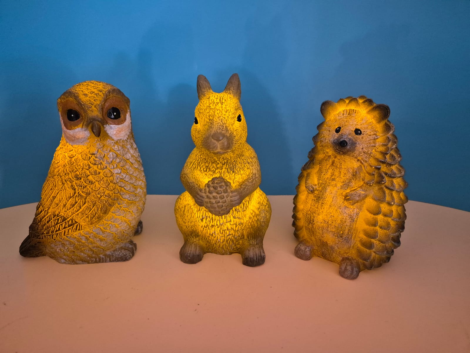 LED-Tierfiguren 3er-Set – Eule, Eichhörnchen & Igel