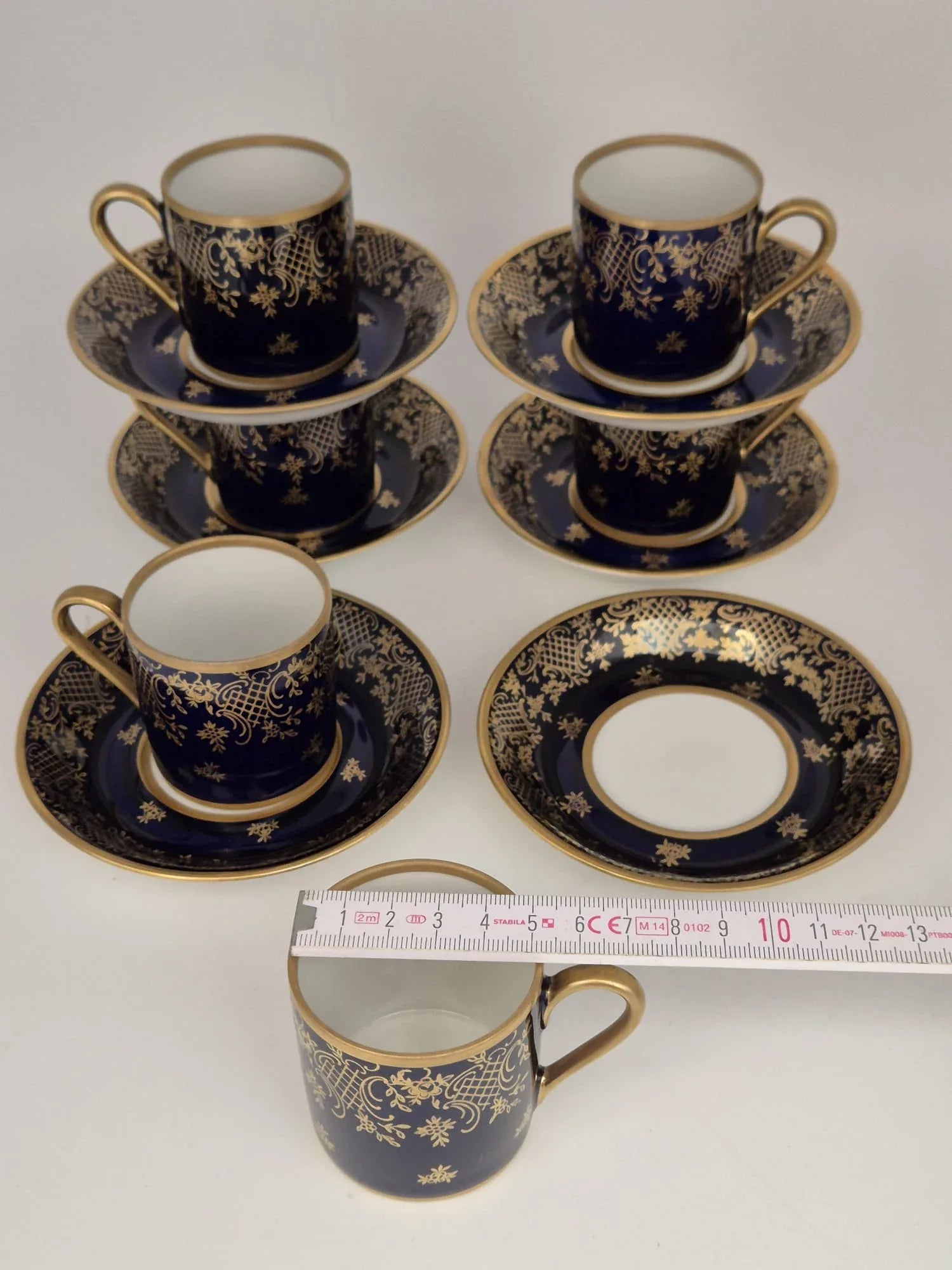 6 Espresso-/ Mokkatassen & Untertassen Reichenbacher Porzellan Kobaltblau Golddekor Bavaria