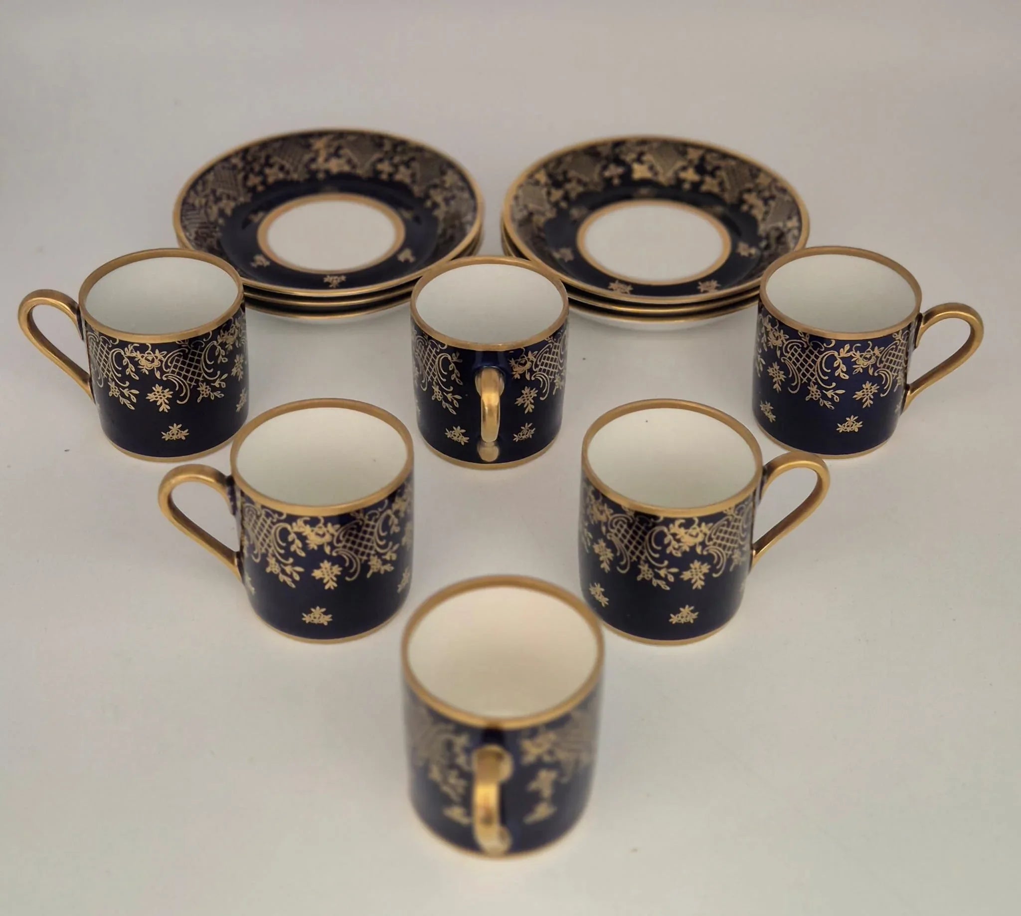 6 Espresso-/ Mokkatassen & Untertassen Reichenbacher Porzellan Kobaltblau Golddekor Bavaria