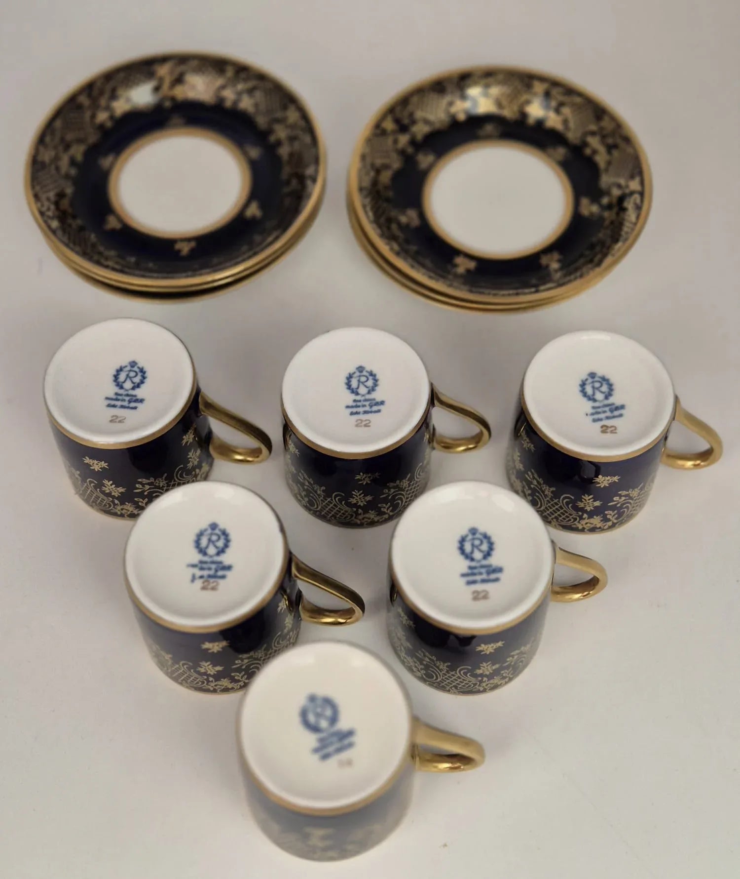 6 Espresso-/ Mokkatassen & Untertassen Reichenbacher Porzellan Kobaltblau Golddekor Bavaria