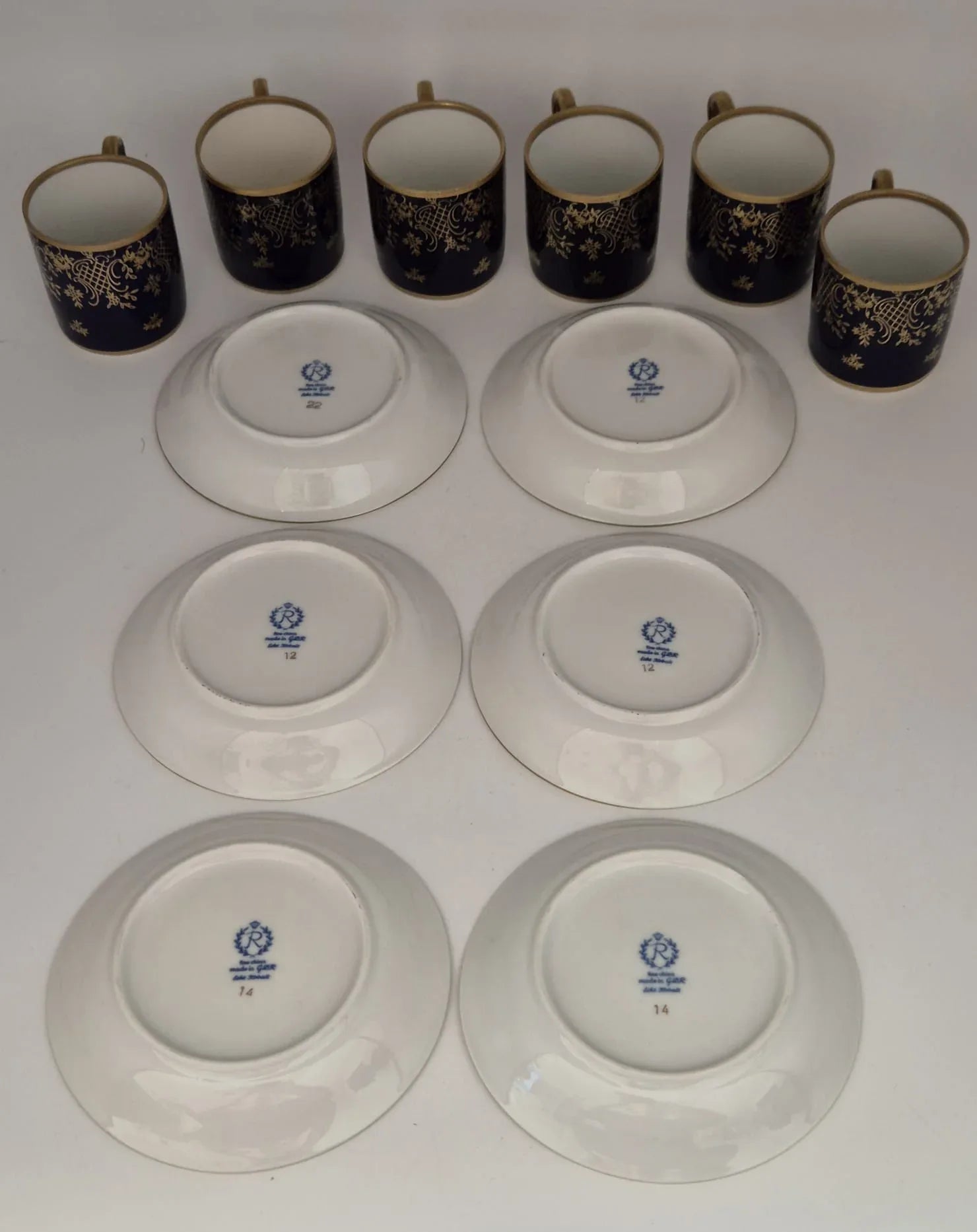 6 Espresso-/ Mokkatassen & Untertassen Reichenbacher Porzellan Kobaltblau Golddekor Bavaria