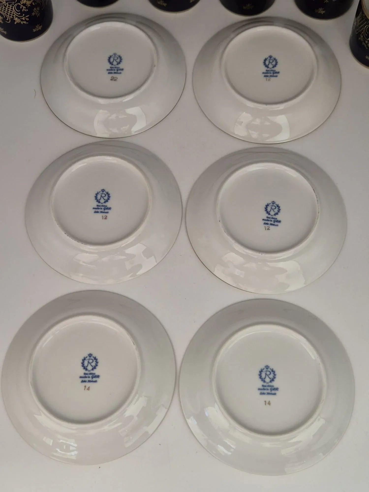 6 Espresso-/ Mokkatassen & Untertassen Reichenbacher Porzellan Kobaltblau Golddekor Bavaria