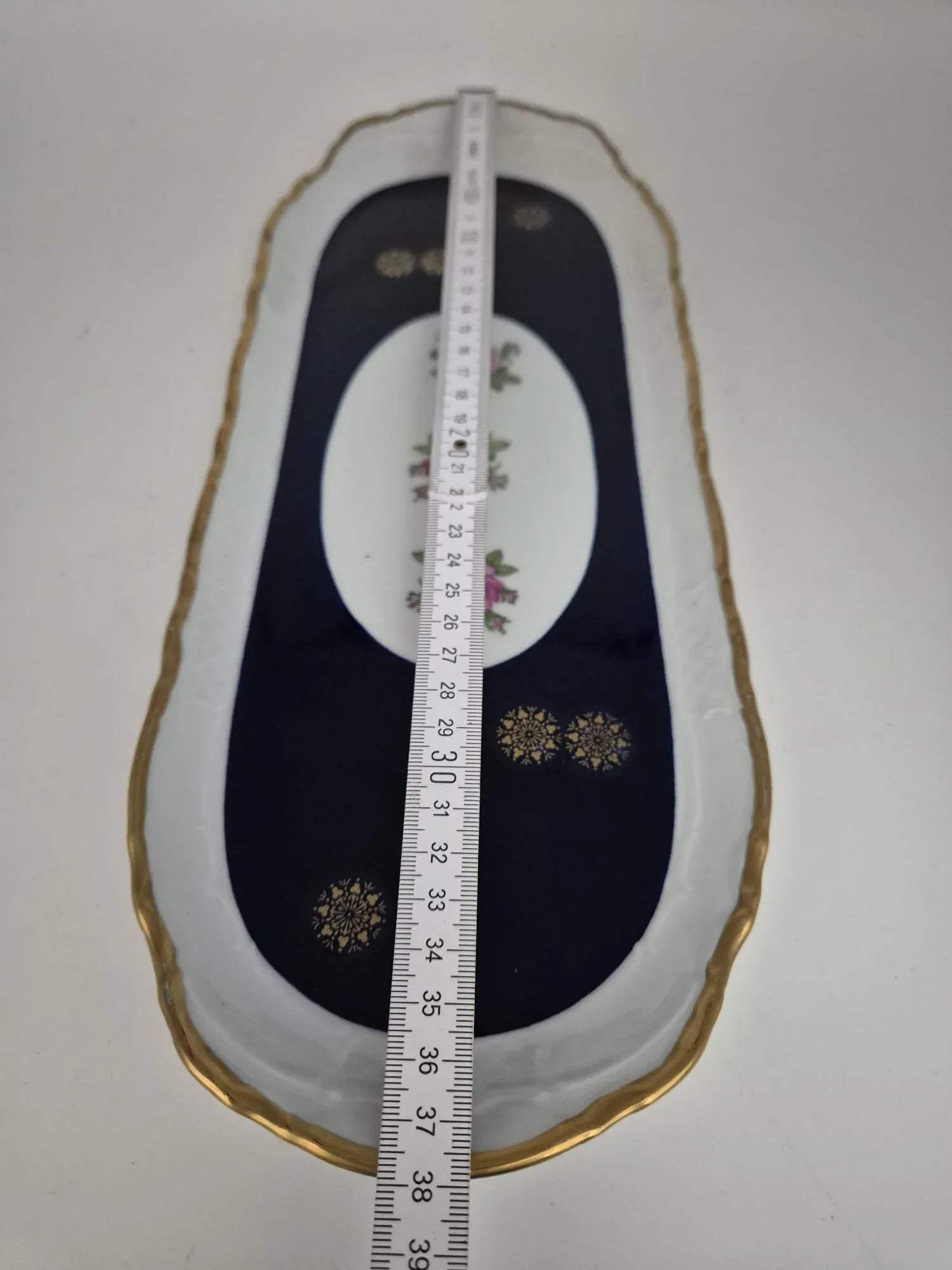 Reichenbacher Porzellan Servierplatte Kobalt Blau mit Goldrand & Rosenmotiv