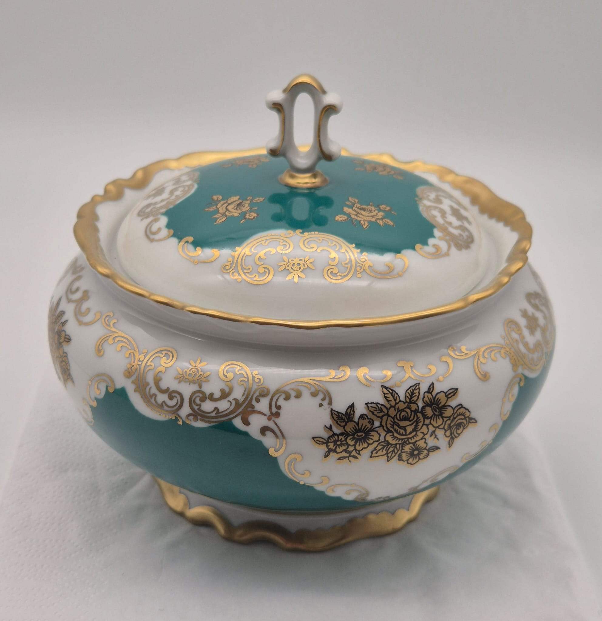 Reichenbacher Porzellan Bonboniere Deckeldose mit Golddekor – Türkis/Weiß