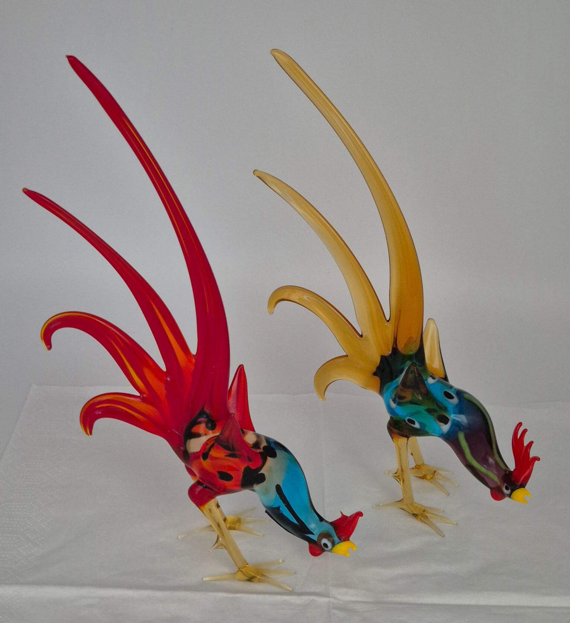 Lauscha Glasfigurenset „Kampfhähne“ – Handgefertigte Glasvögel im Murano-Stil