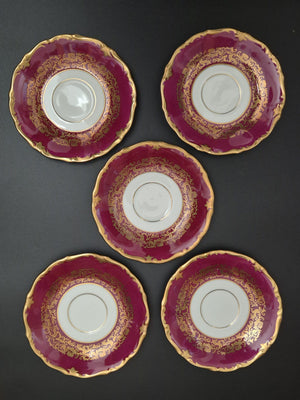 5 Reichenbacher Porzellan Untertassen / Untersetzer Bordeaux-Golddekor