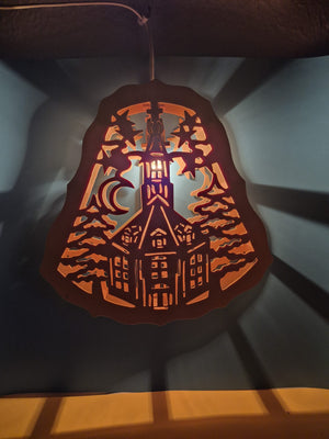 Beleuchtetes Holz-Fensterbild Kirche mit Mond & Sternen ca. 30 × 30 cm