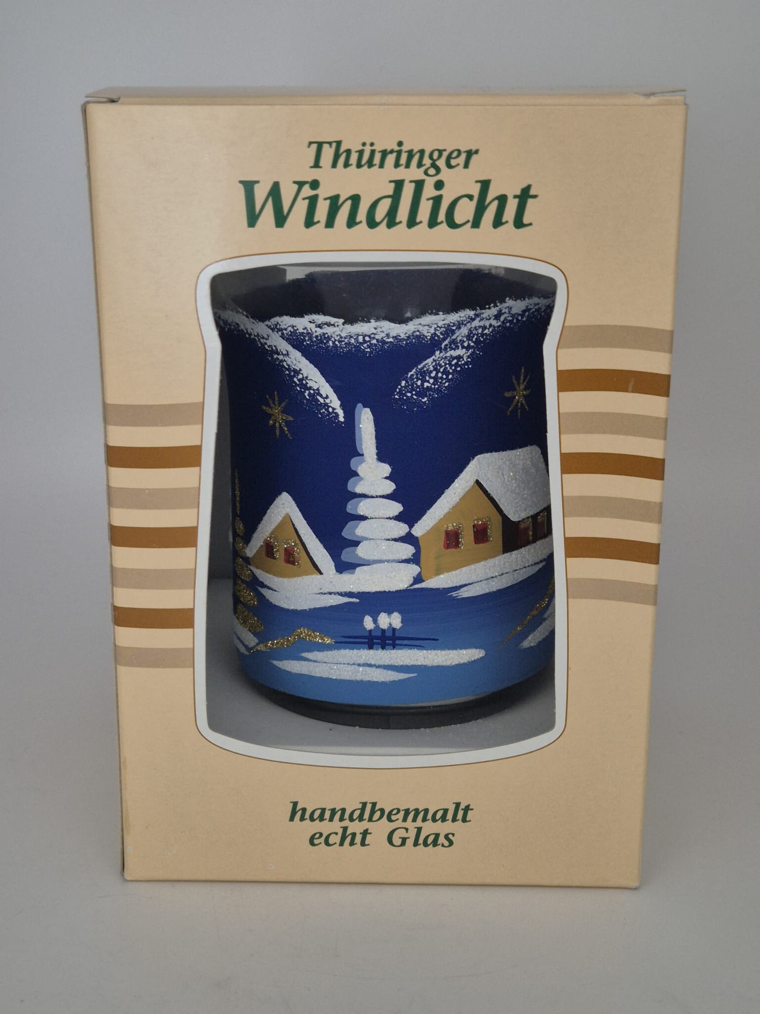 Thüringer Windlicht aus Glas – handbemalt mit Winterlandschaft – ca. 15 cm