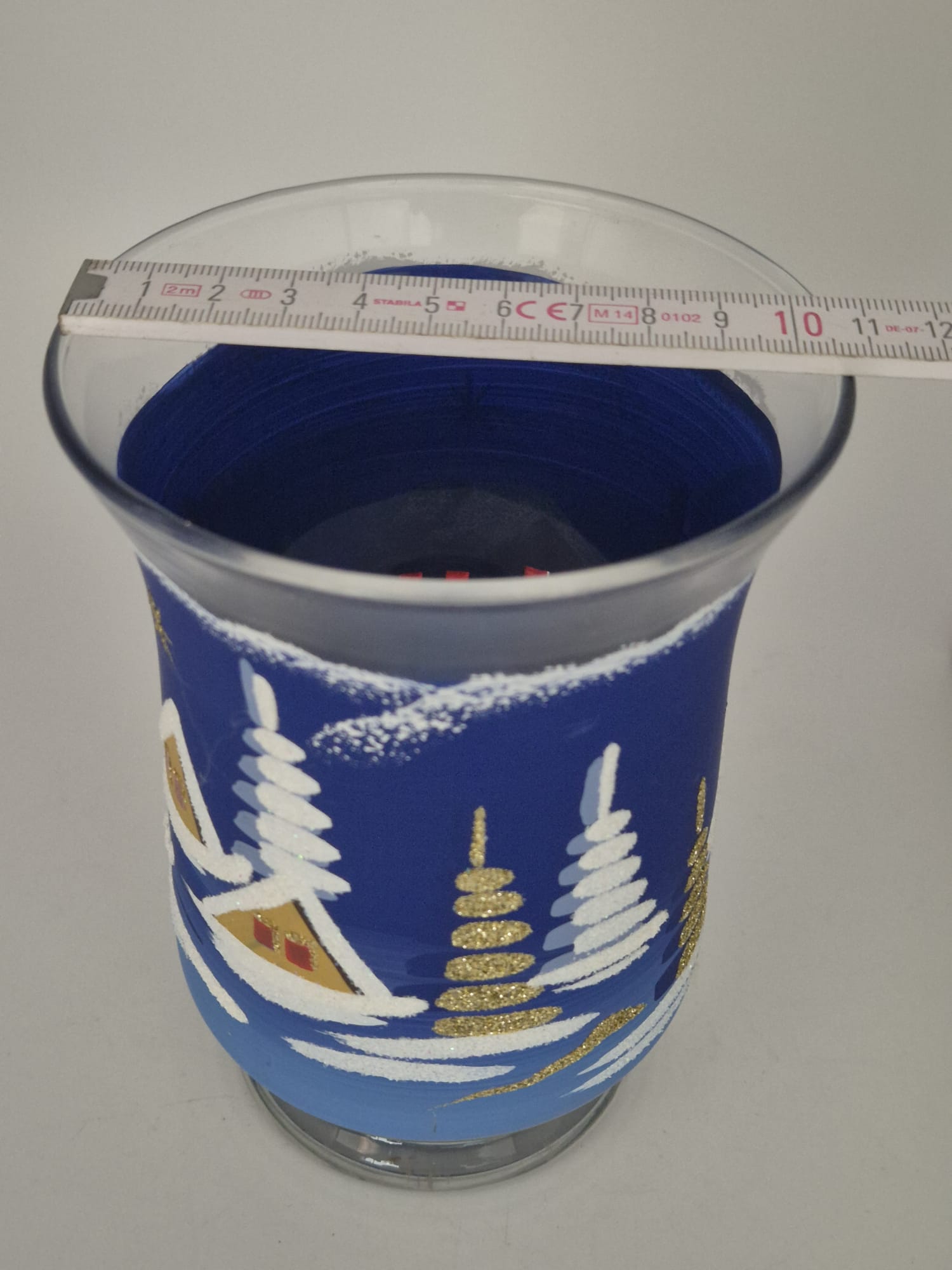 Thüringer Windlicht aus Glas – handbemalt mit Winterlandschaft – ca. 15 cm