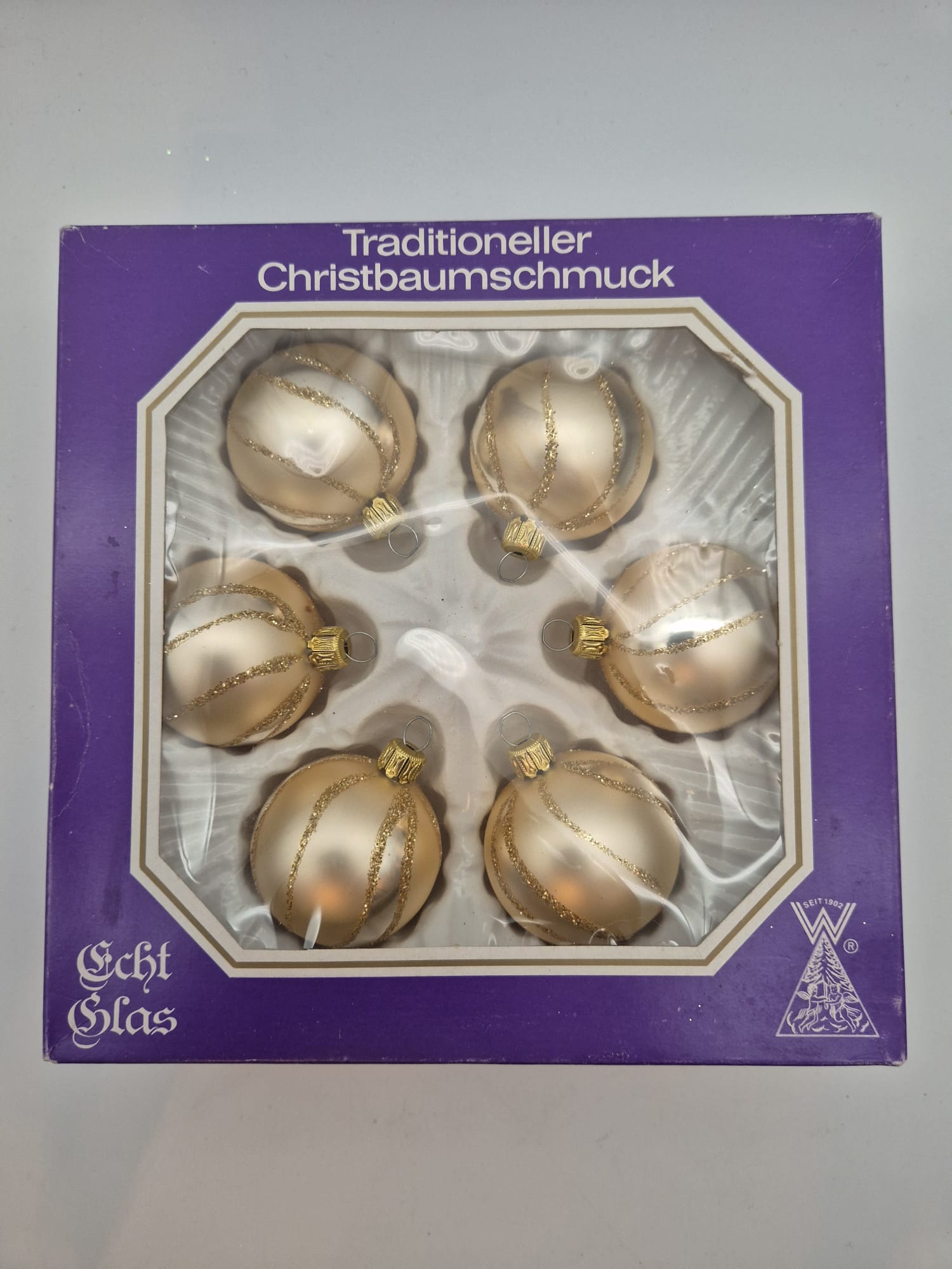 6 Weihnachtskugeln Echt Glas – Gold mit Glitzerdekor – Ø ca. 5 cm – OVP