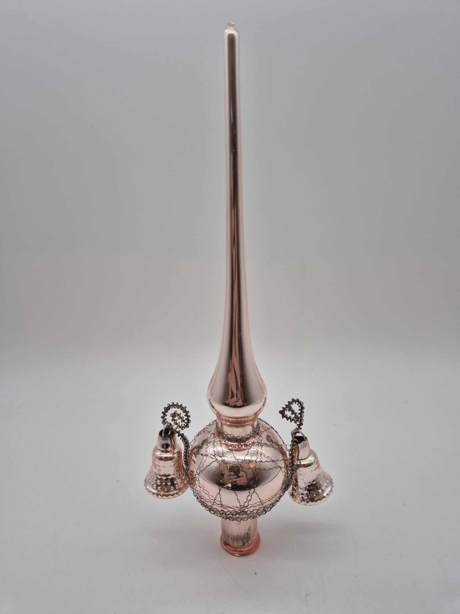 DDR Christbaumspitze aus Glas mit 2 Glöckchen – Rosé/Silber – ca. 24 cm