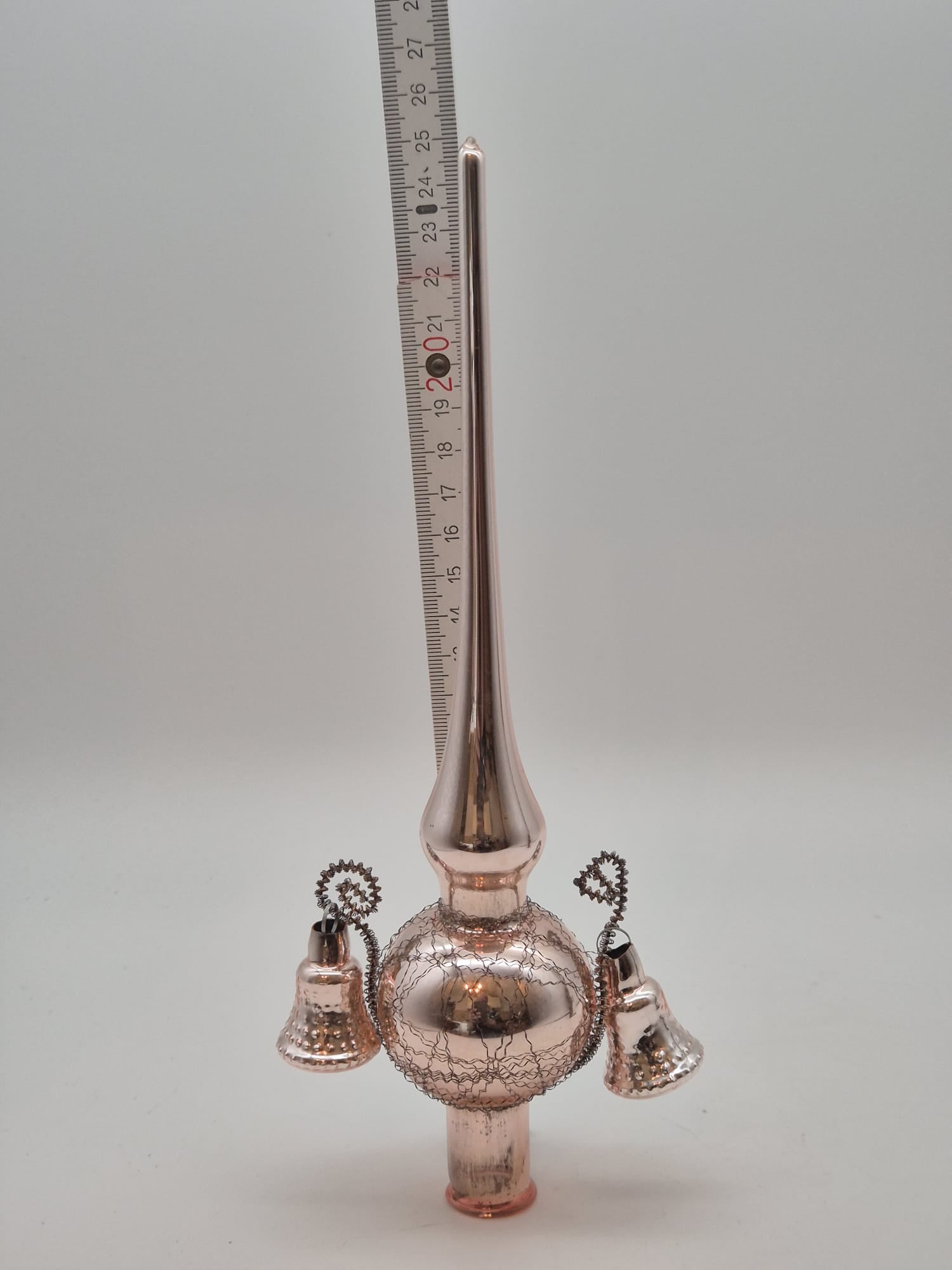DDR Christbaumspitze aus Glas mit 2 Glöckchen – Rosé/Silber – ca. 24 cm