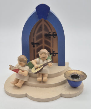 Alter Kerzenhalter Richard Glässer GmbH mit 2 Musikengeln – Holzfigur mit Mandoline & Notenblatt