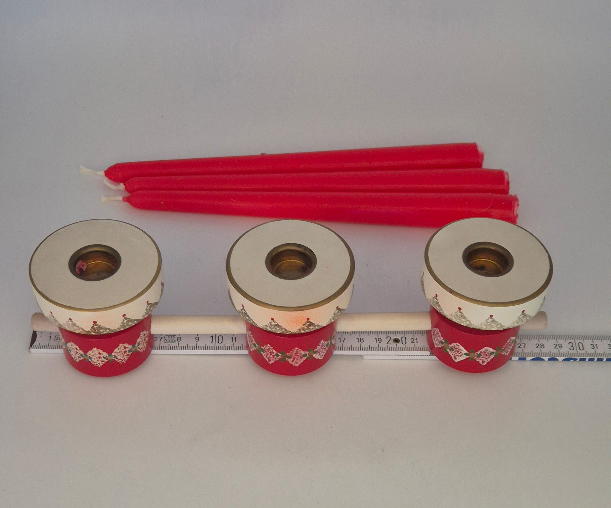 3 Expertic Kerzenhalter / Leuchter – Original Erzgebirge DDR – Rot-Weiß – mit Kerzen & OVP