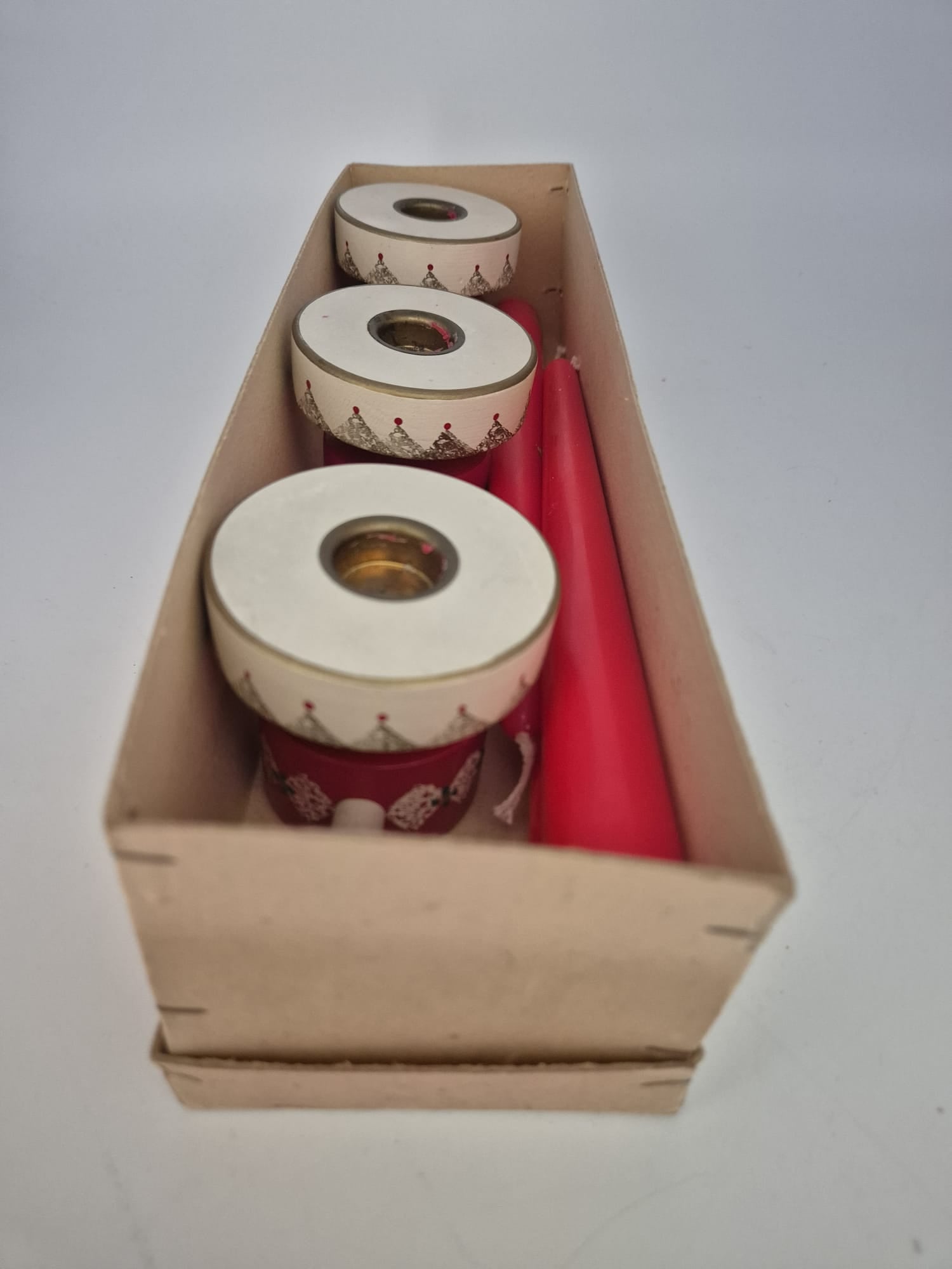 3 Expertic Kerzenhalter / Leuchter – Original Erzgebirge DDR – Rot-Weiß – mit Kerzen & OVP