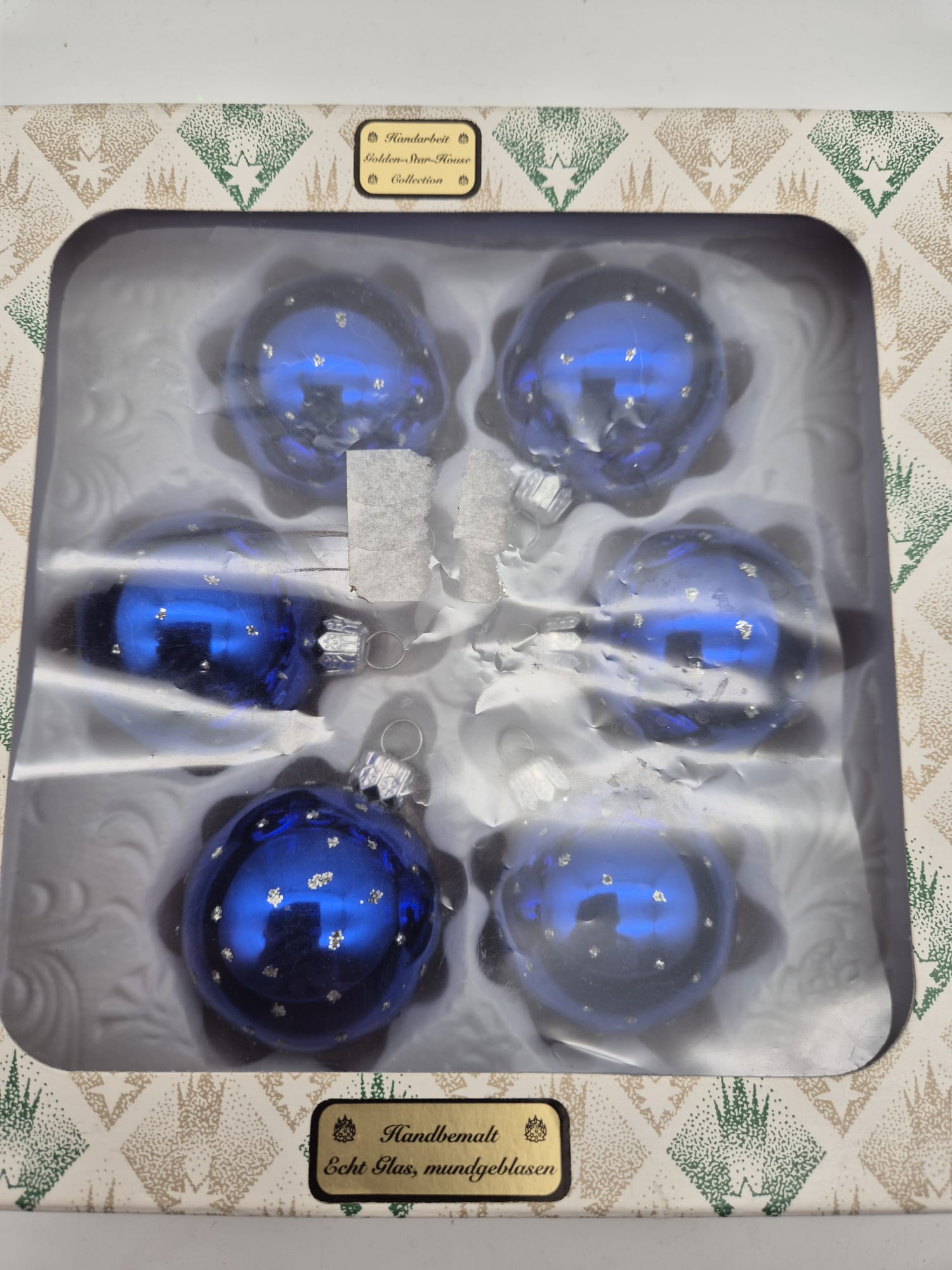 6x mundgeblasene Glaskugeln blau – handbemalter Weihnachtsbaumschmuck