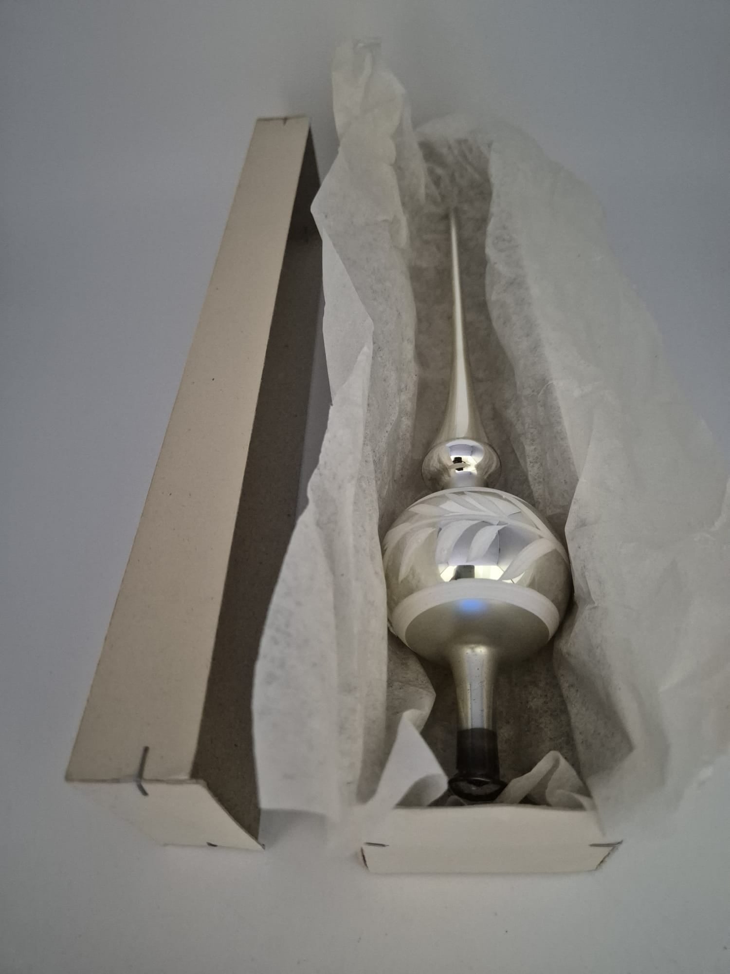 DDR Christbaumspitze aus Glas Silber/Weiß – ca. 29 cm – Originalverpackung