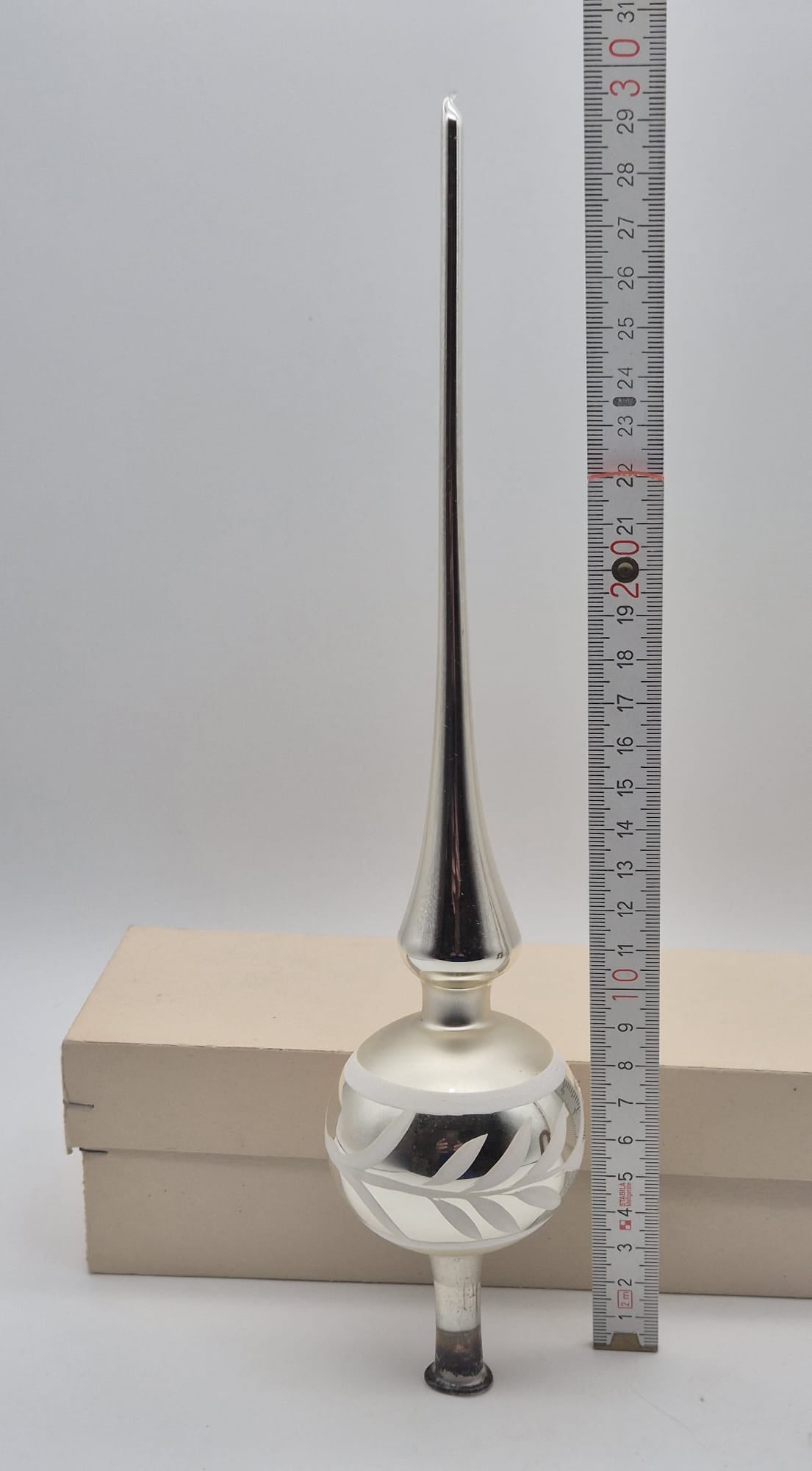 DDR Christbaumspitze aus Glas Silber/Weiß – ca. 29 cm – Originalverpackung