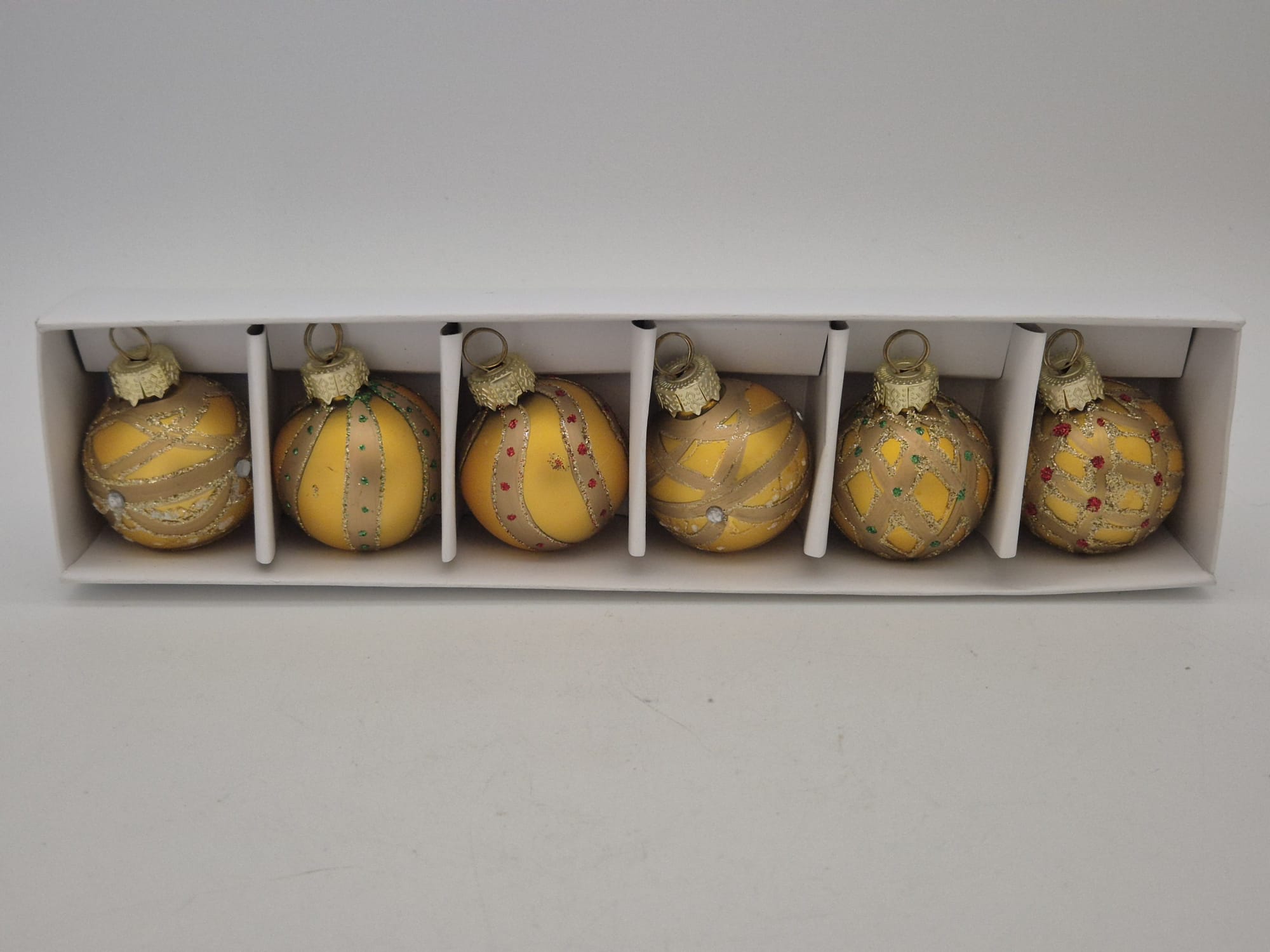 6 Weihnachtskugeln aus Glas – Tischkartenhalter Gelb-Gold – ca. 4 cm