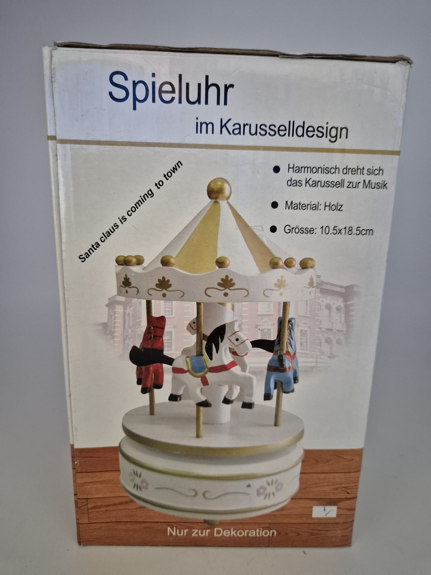 Holz-Spieluhr im Karusselldesign mit Pferden – „Santa Claus Is Coming to Town“