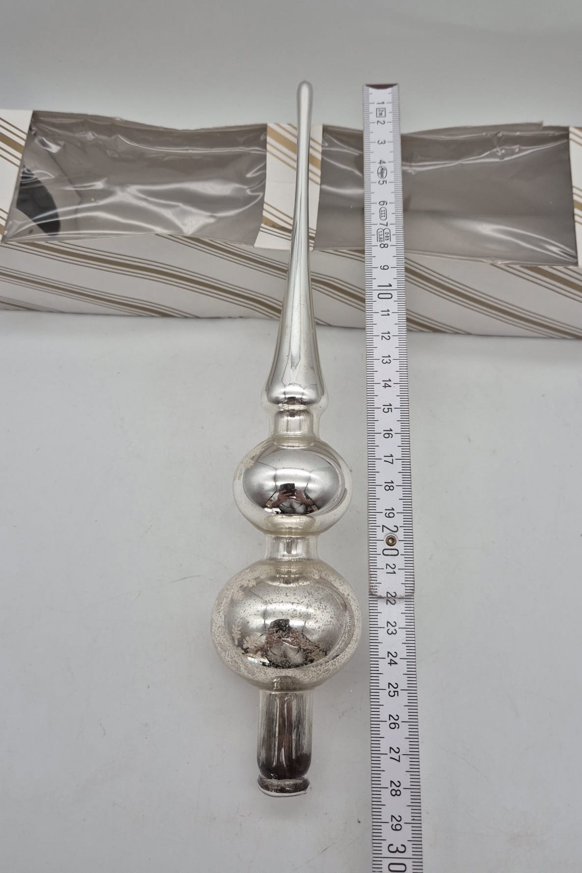 Alte Christbaumspitze aus Glas – Silber – ca. 28 cm – Originalverpackung