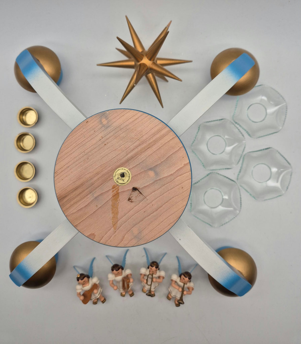 BLANK Kunsthandwerk Adventsleuchter blau mit 4 Engeln – Erzgebirge – ca. 21 cm – OVP