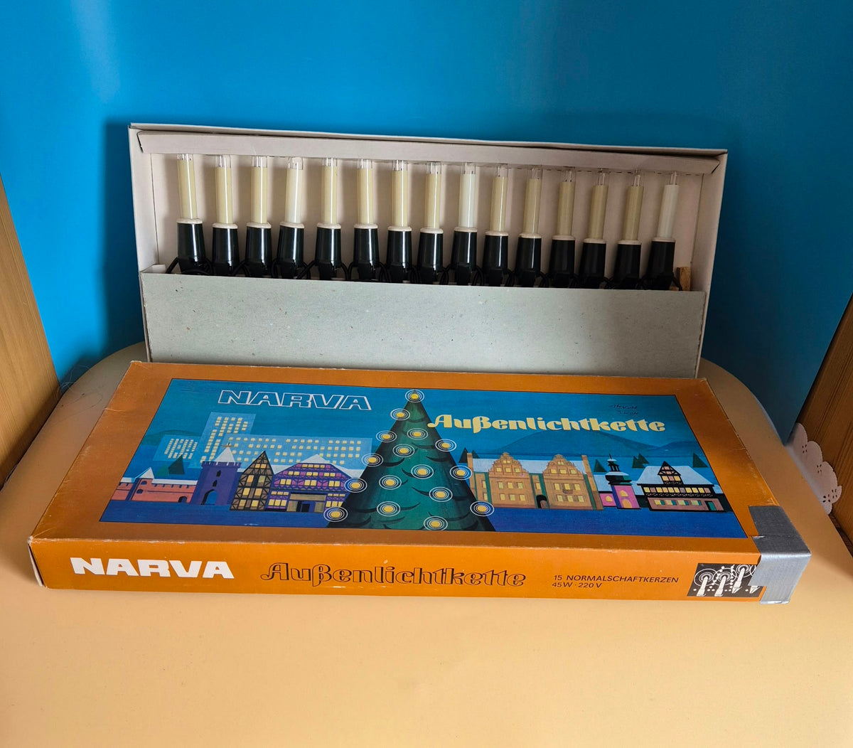DDR NARVA Außenlichterkette – 15 Schaftkerzen – 220 V – Originalverpackung