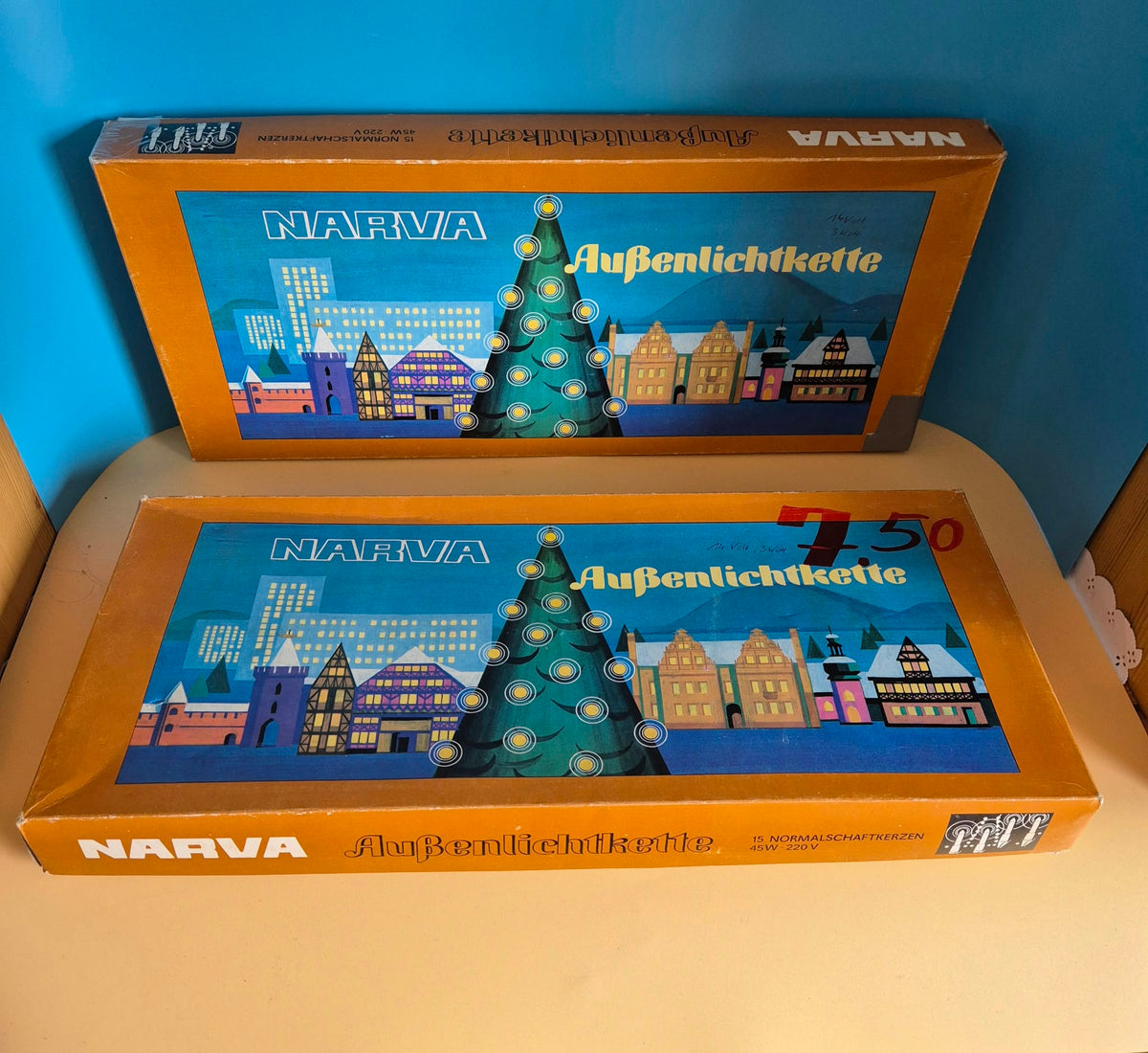 DDR NARVA Außenlichterkette – 15 Schaftkerzen – 220 V – Originalverpackung