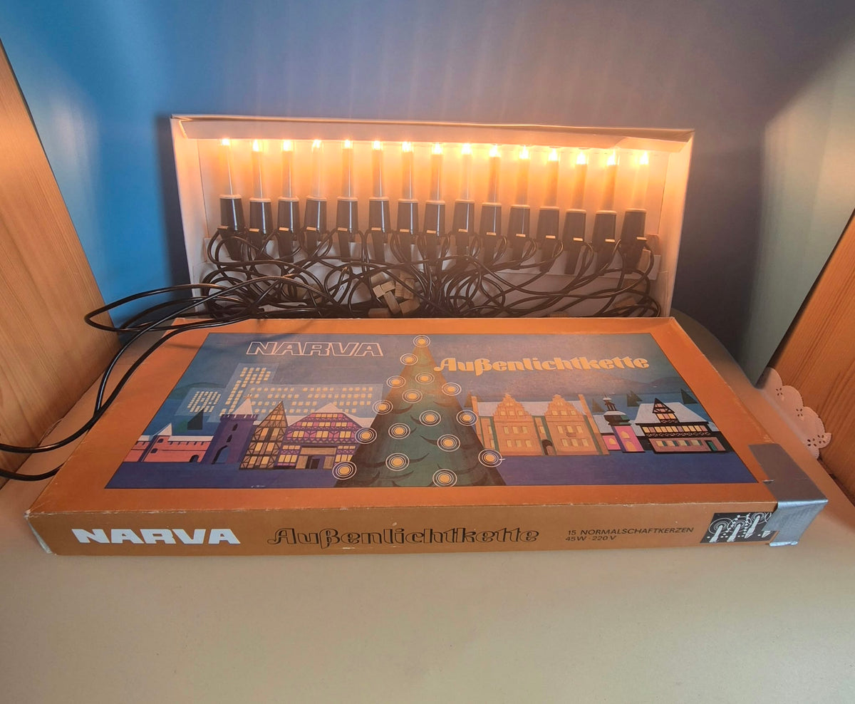 DDR NARVA Außenlichterkette – 15 Schaftkerzen – 220 V – Originalverpackung