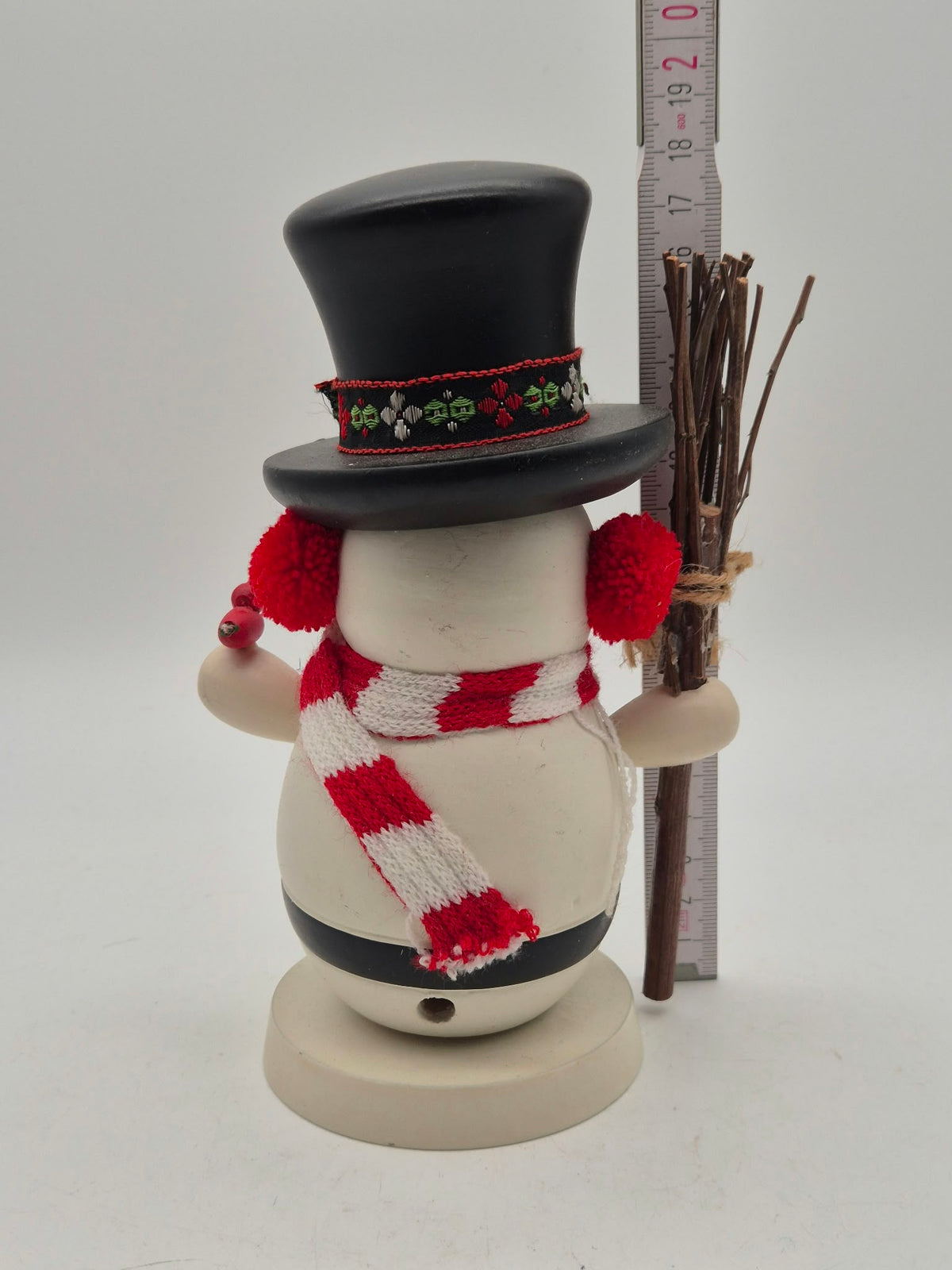 Räucherschneemann aus Holz – Schornsteinfeger mit Zylinder, Besen und Vogel – ca. 18 cm