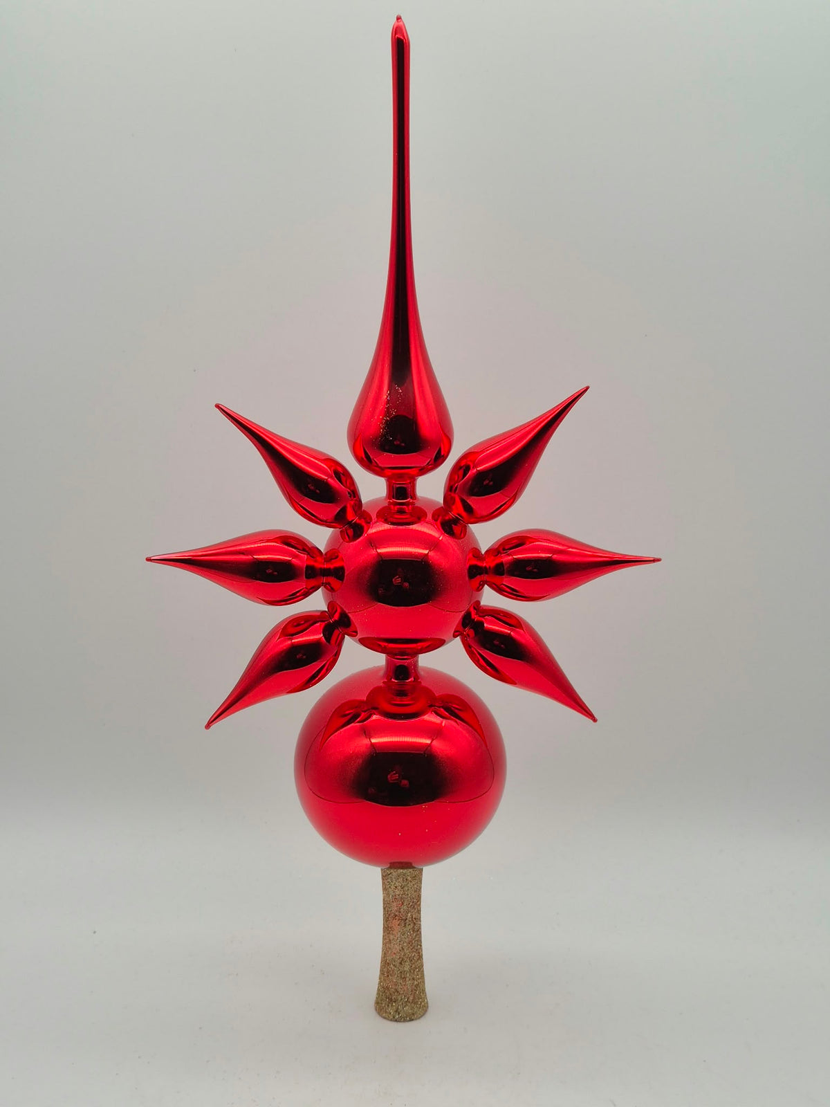 Große rote Christbaumspitze aus Glas – Reflexdekor mit Stern und Goldglitzer – ca. 37 cm