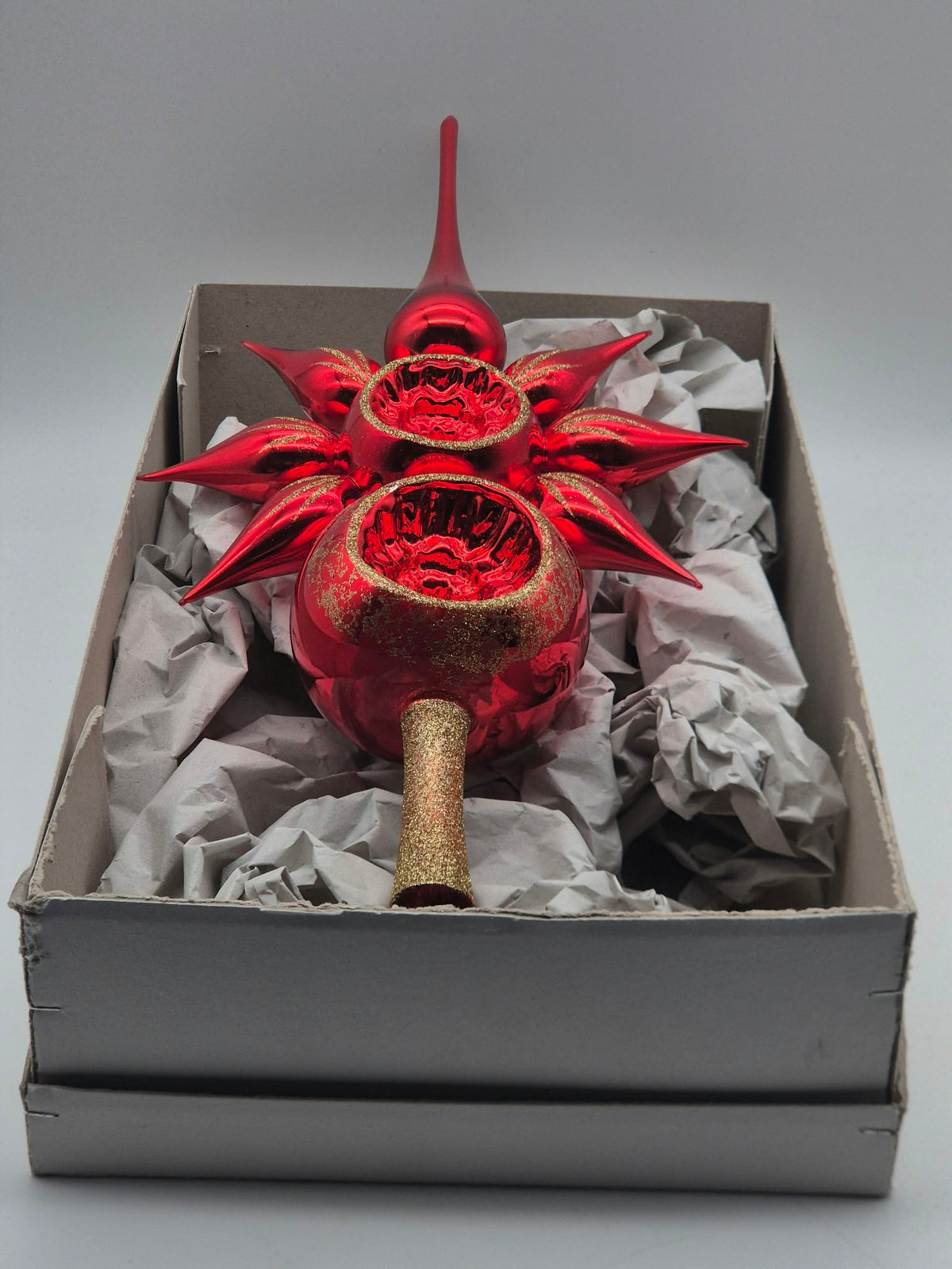 Große rote Christbaumspitze aus Glas – Reflexdekor mit Stern und Goldglitzer – ca. 37 cm