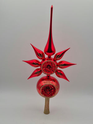 Große rote Christbaumspitze aus Glas – Reflexdekor mit Stern und Goldglitzer – ca. 37 cm